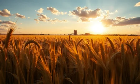 Golden wheat field under partly cloudy sky at sunset in the American Midwest