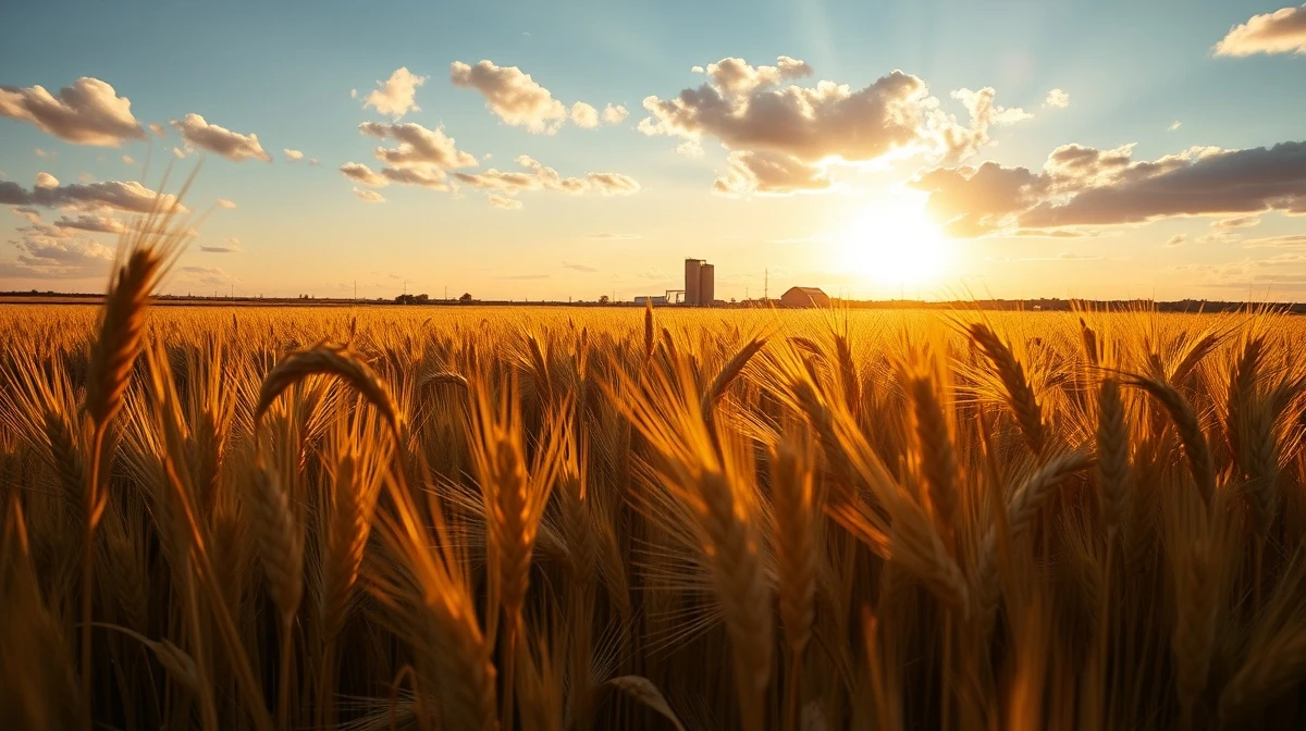Golden wheat field under partly cloudy sky at sunset in the American Midwest