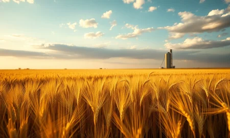 Golden wheat field under cloudy sky with grain elevator in distance, representing agricultural commodity markets.