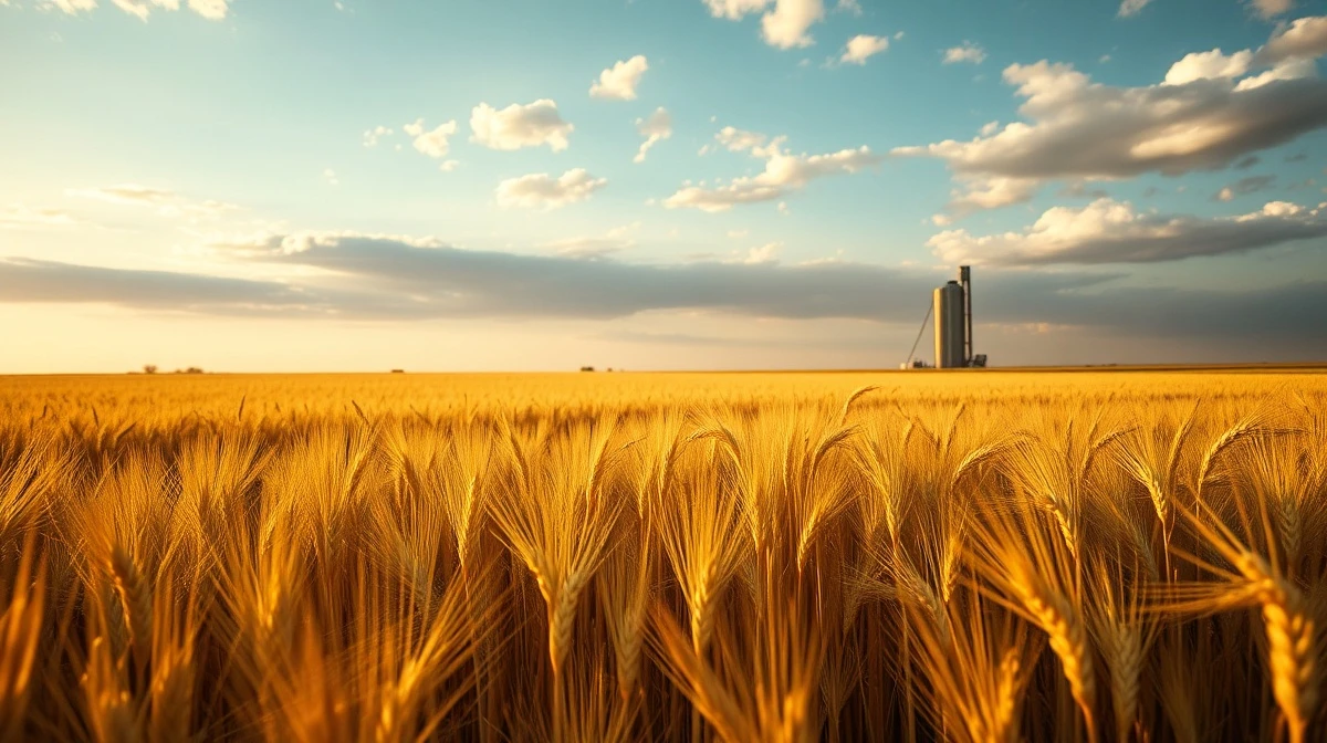 Golden wheat field under cloudy sky with grain elevator in distance, representing agricultural commodity markets.