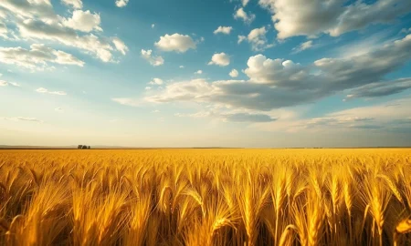 Golden wheat field ready for harvest under cloudy sky in Oklahoma plains