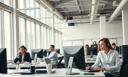 Professionals in a modern open office whispering into computers and wearing headphones
