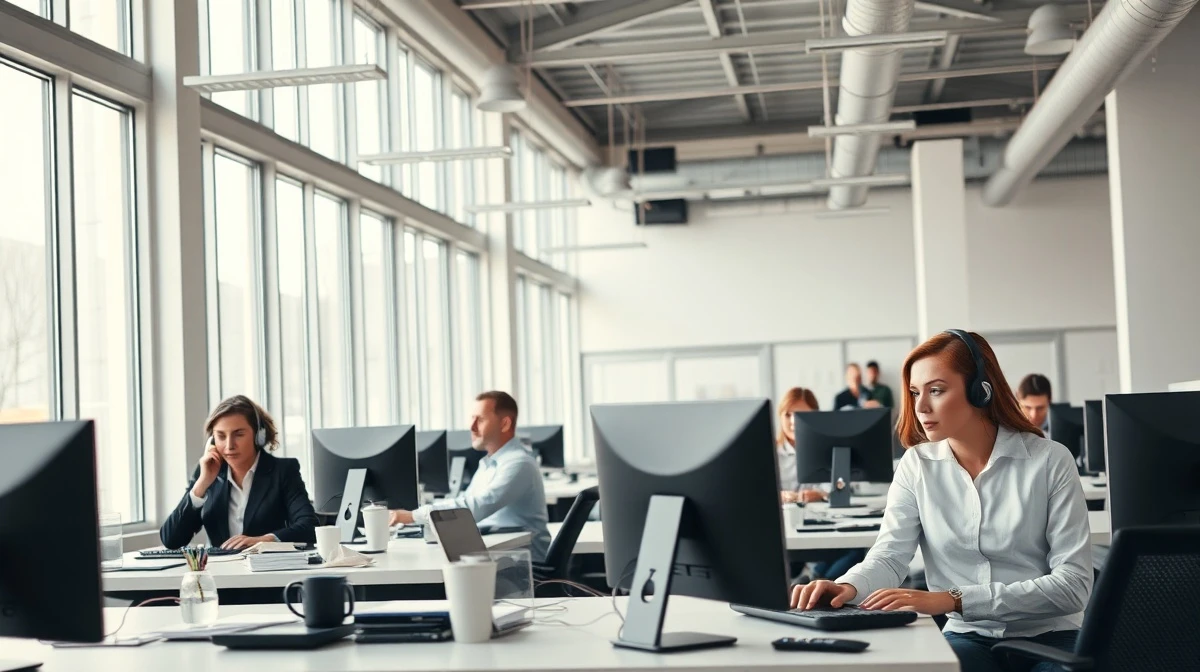 Professionals in a modern open office whispering into computers and wearing headphones