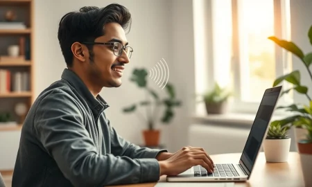 Indian professional using Wispr Flow voice AI on a laptop in a home office