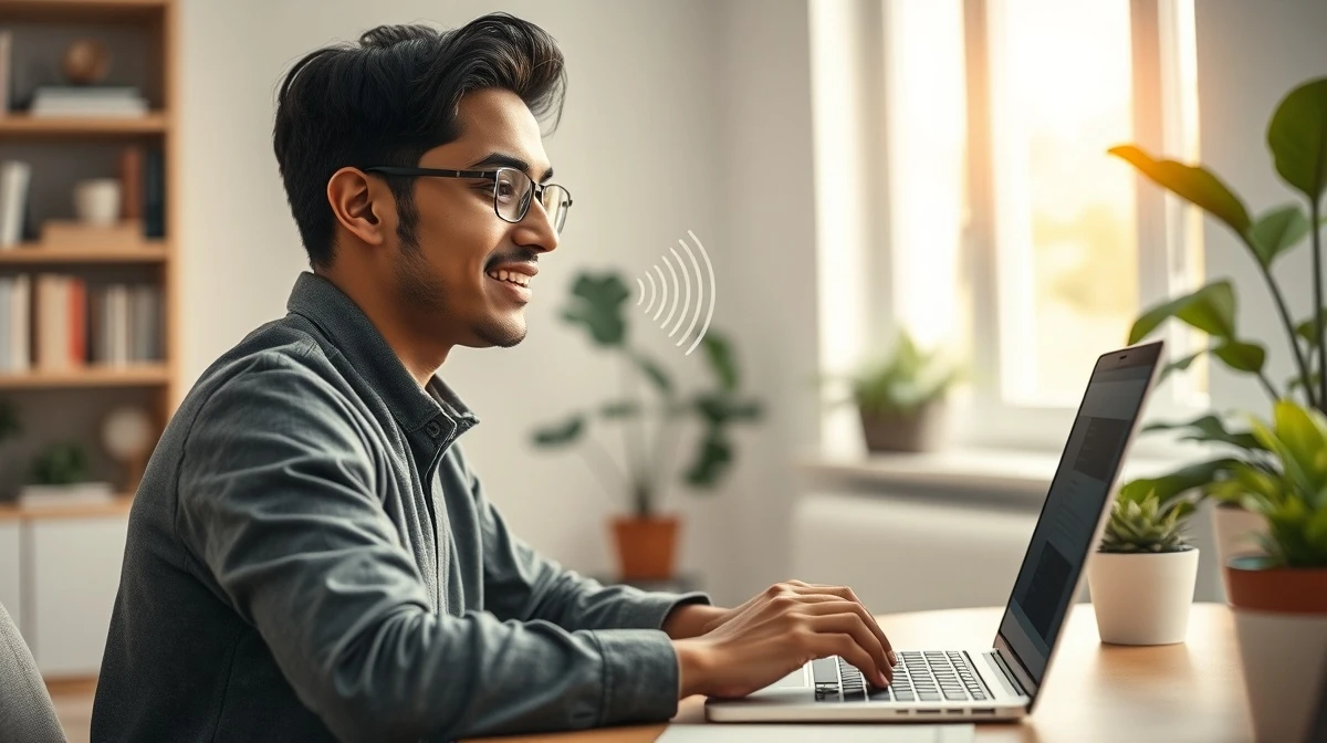 Indian professional using Wispr Flow voice AI on a laptop in a home office