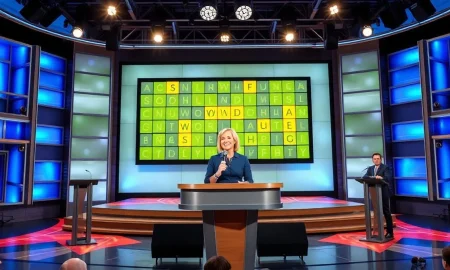 A television studio set for the Wordle game show with a large puzzle screen and host Savannah Guthrie at the podium.