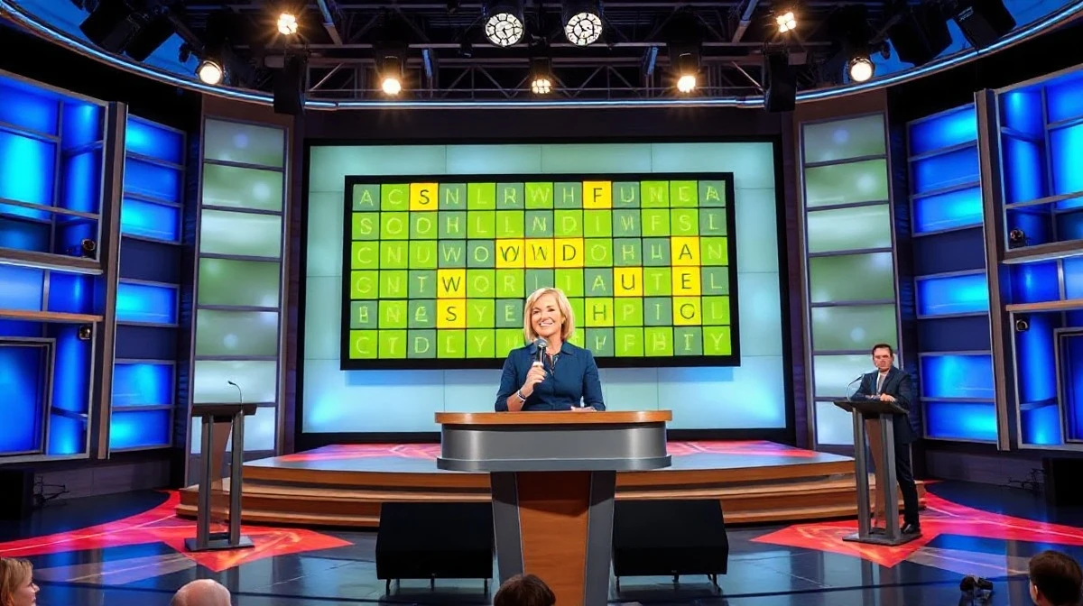 A television studio set for the Wordle game show with a large puzzle screen and host Savannah Guthrie at the podium.