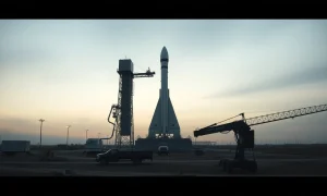 SpaceX Starbase launch site with Starship rocket on pad and construction equipment in foreground