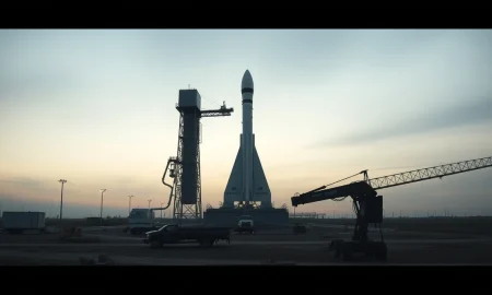 SpaceX Starbase launch site with Starship rocket on pad and construction equipment in foreground