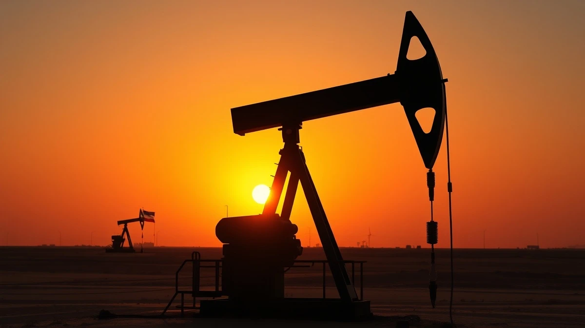 Oil pumpjack silhouette against sunset sky with faint US and Iran flags