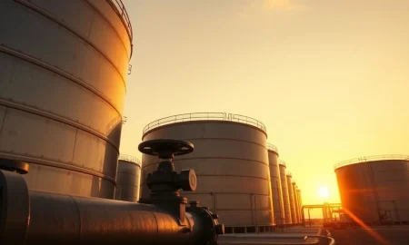 Oil storage tanks at a terminal under a sunset sky, representing crude oil supply and market conditions.