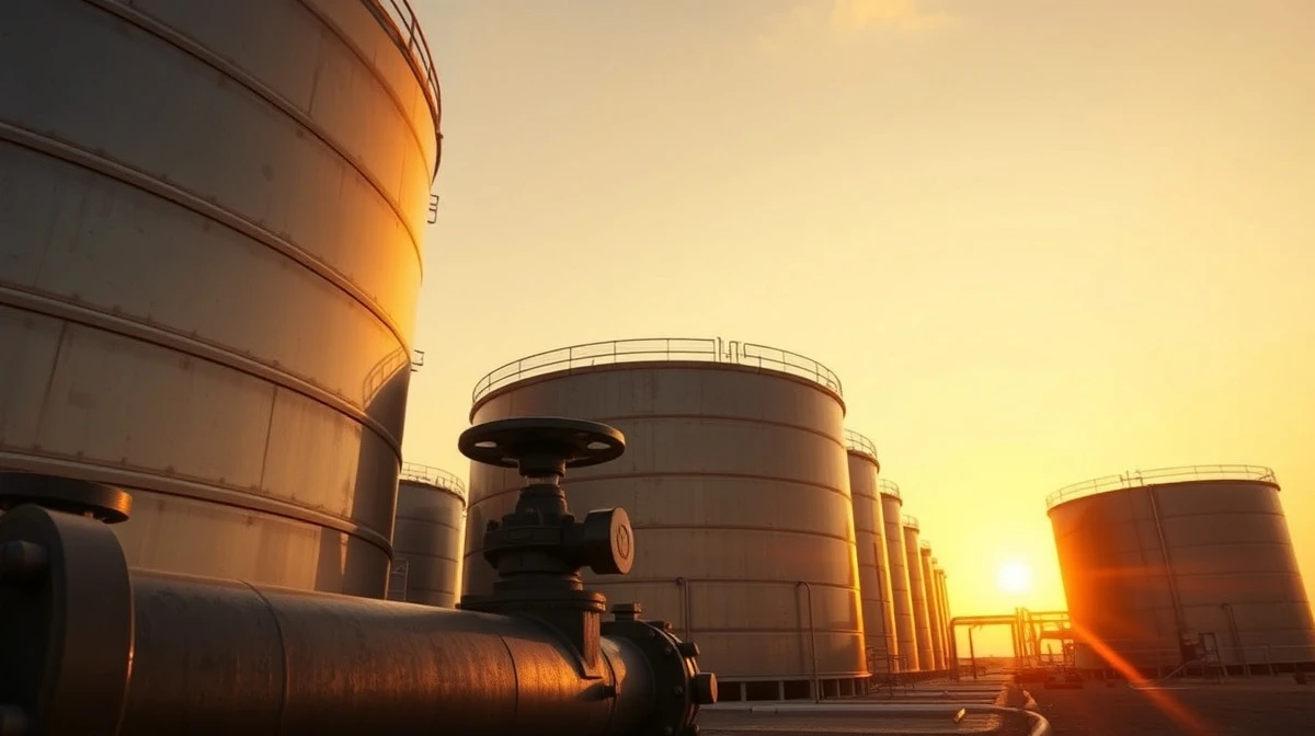Oil storage tanks at a terminal under a sunset sky, representing crude oil supply and market conditions.