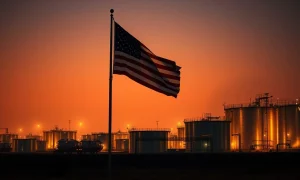 WTI crude oil storage tanks with American flag at sunset, representing geopolitical oil supply risk.