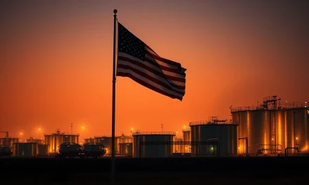 WTI crude oil storage tanks with American flag at sunset, representing geopolitical oil supply risk.