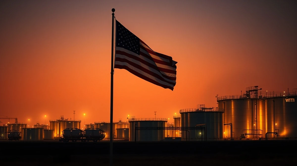 WTI crude oil storage tanks with American flag at sunset, representing geopolitical oil supply risk.