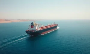Oil tanker sailing through the Strait of Hormuz under clear daylight, representing global crude supply routes.