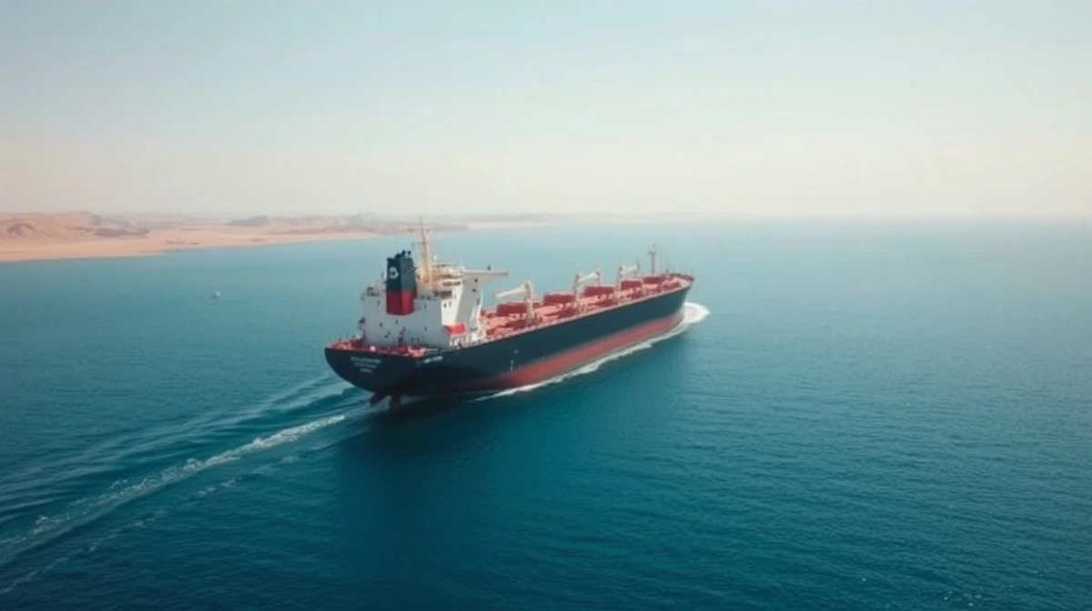 Oil tanker sailing through the Strait of Hormuz under clear daylight, representing global crude supply routes.