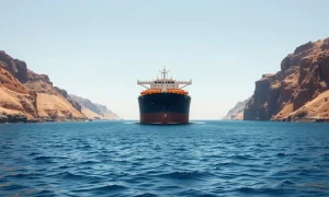 Oil tanker sailing through the Strait of Hormuz under a clear sky