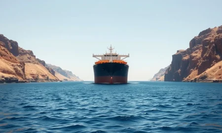 Oil tanker sailing through the Strait of Hormuz under a clear sky