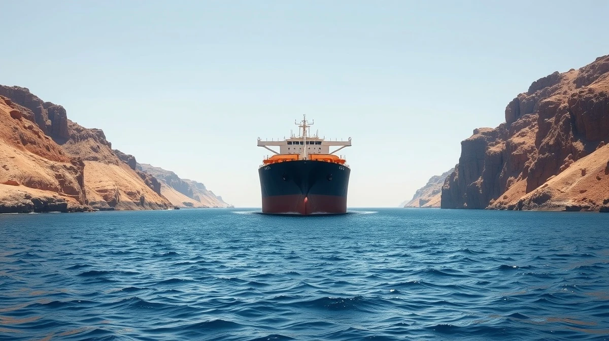Oil tanker sailing through the Strait of Hormuz under a clear sky