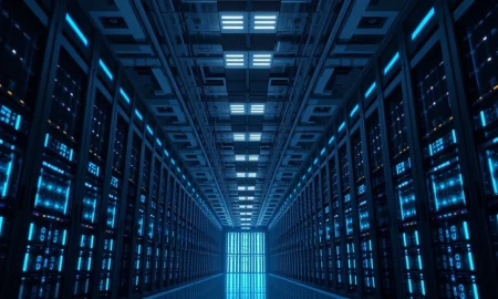 Interior view of a large, modern data center with rows of GPU servers.