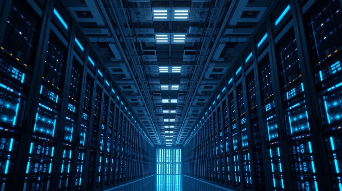 Interior view of a large, modern data center with rows of GPU servers.