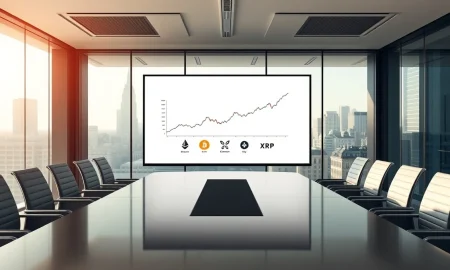 Digital display showing Bitcoin, Ethereum, and XRP logos with an upward-trending chart in a modern financial boardroom.