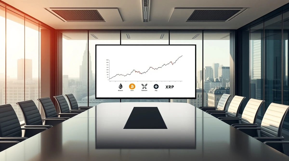 Digital display showing Bitcoin, Ethereum, and XRP logos with an upward-trending chart in a modern financial boardroom.