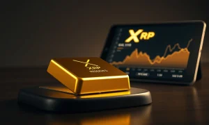 Gold bar with XRP logo on digital tablet representing gold-pegged cryptocurrency concept