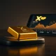 Gold bar with XRP logo on digital tablet representing gold-pegged cryptocurrency concept