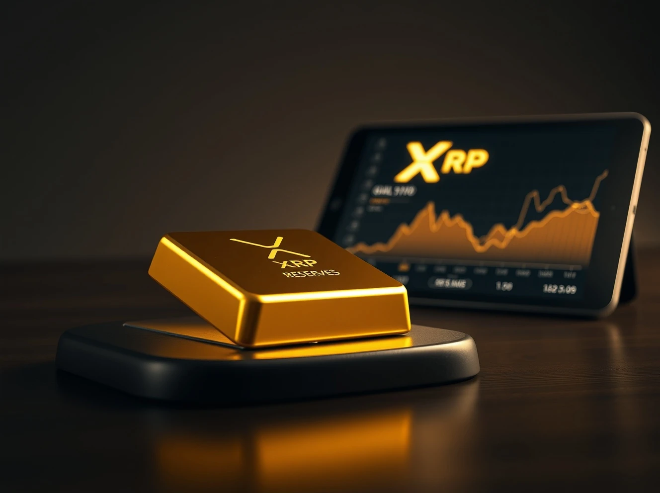 Gold bar with XRP logo on digital tablet representing gold-pegged cryptocurrency concept