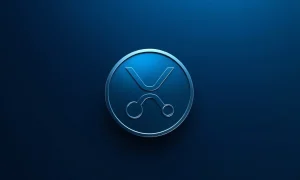 Digital XRP token icon in metallic blue and silver on a dark gradient background, representing cryptocurrency market analysis.
