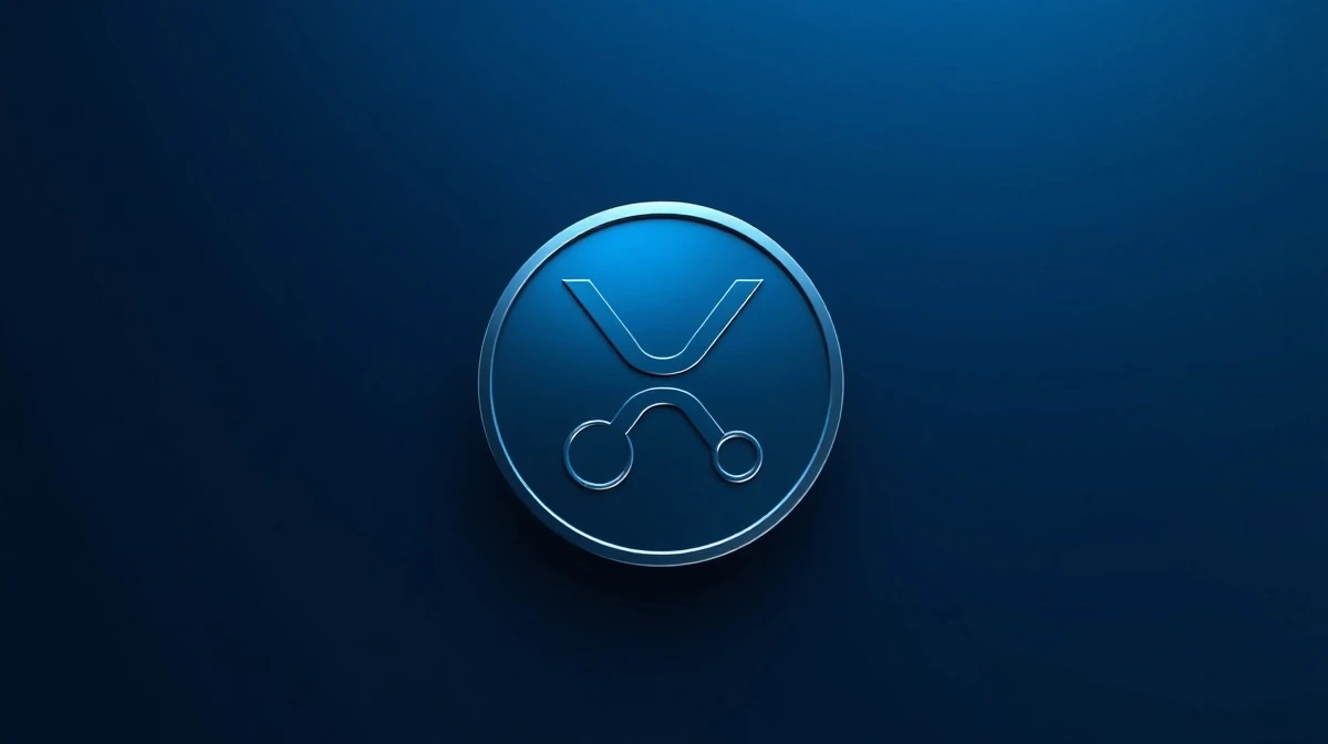 Digital XRP token icon in metallic blue and silver on a dark gradient background, representing cryptocurrency market analysis.