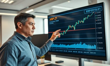 Financial analyst pointing at XRP price chart on a digital screen in a modern office
