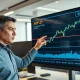 Financial analyst pointing at XRP price chart on a digital screen in a modern office