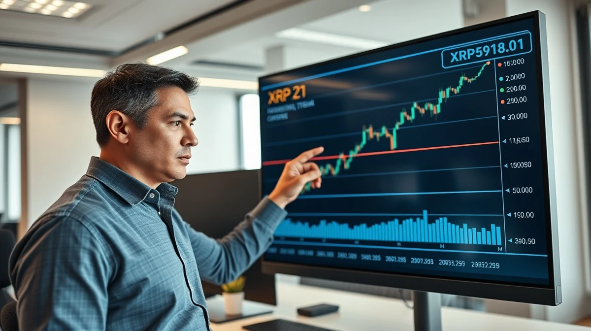 Financial analyst pointing at XRP price chart on a digital screen in a modern office
