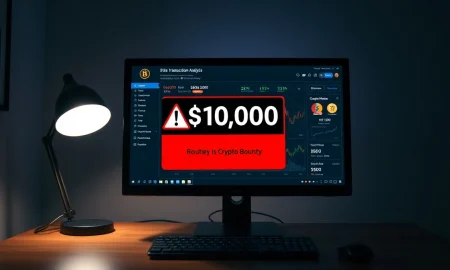On-chain investigator ZachXBT offers $10,000 bounty for evidence of LAB token market manipulation, displayed on a computer screen in a dimly lit office.