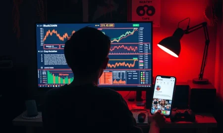 Silhouette of a teenager in a dark room using a computer with cryptocurrency charts and a smartphone displaying Instagram, representing a crypto theft investigation.
