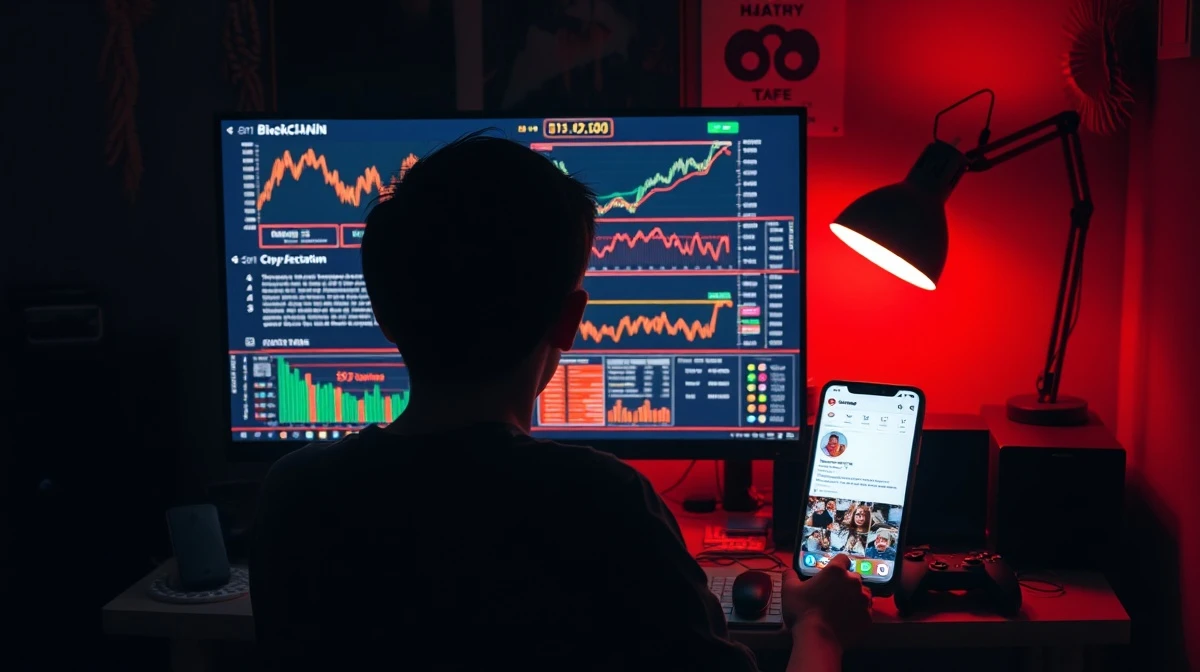 Silhouette of a teenager in a dark room using a computer with cryptocurrency charts and a smartphone displaying Instagram, representing a crypto theft investigation.