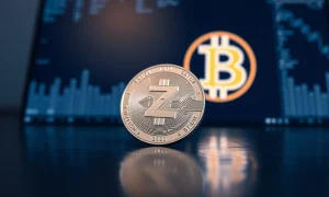 Zcash coin on a dark surface with a blurred Bitcoin symbol in the background