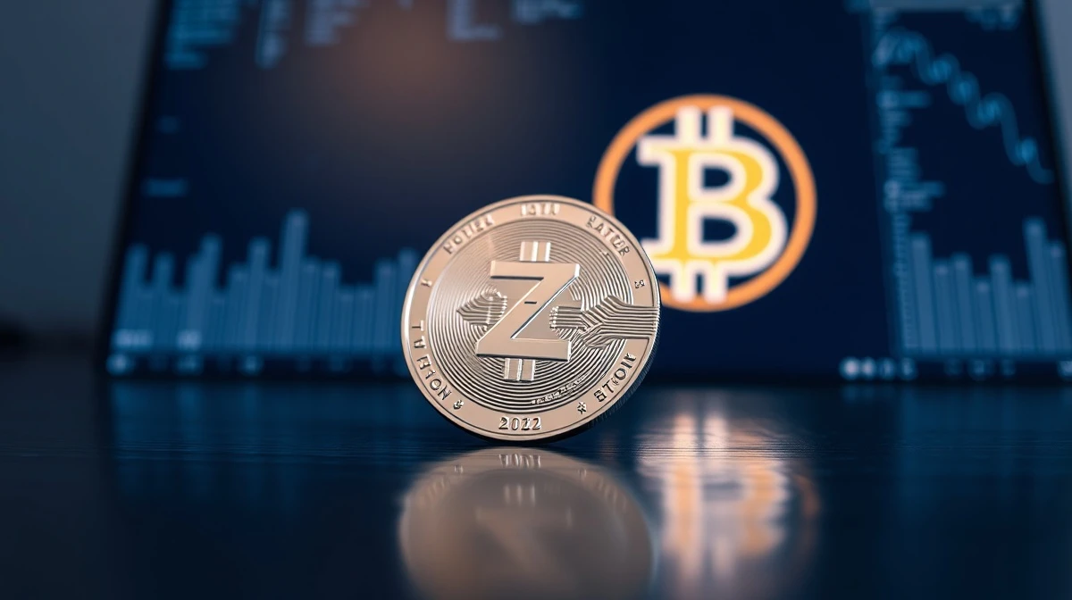 Zcash coin on a dark surface with a blurred Bitcoin symbol in the background