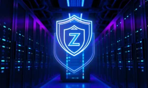 Zcash quantum-proof shield in a modern data center, representing future blockchain security.