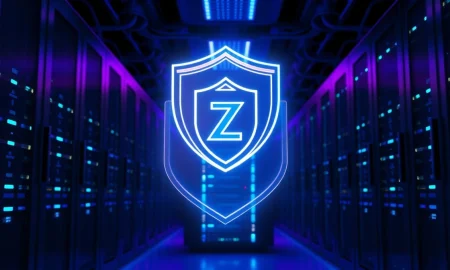 Zcash quantum-proof shield in a modern data center, representing future blockchain security.
