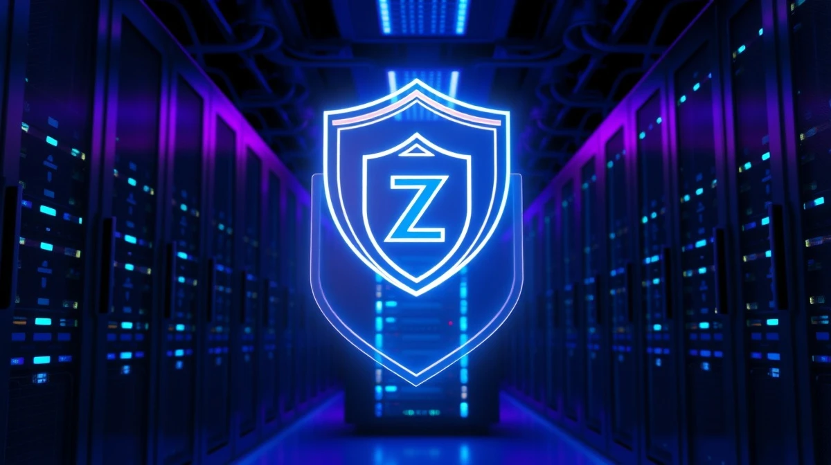 Zcash quantum-proof shield in a modern data center, representing future blockchain security.