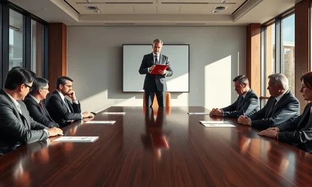 A tense boardroom meeting with a standing figure gesturing assertively at seated executives.