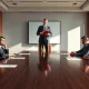 A tense boardroom meeting with a standing figure gesturing assertively at seated executives.