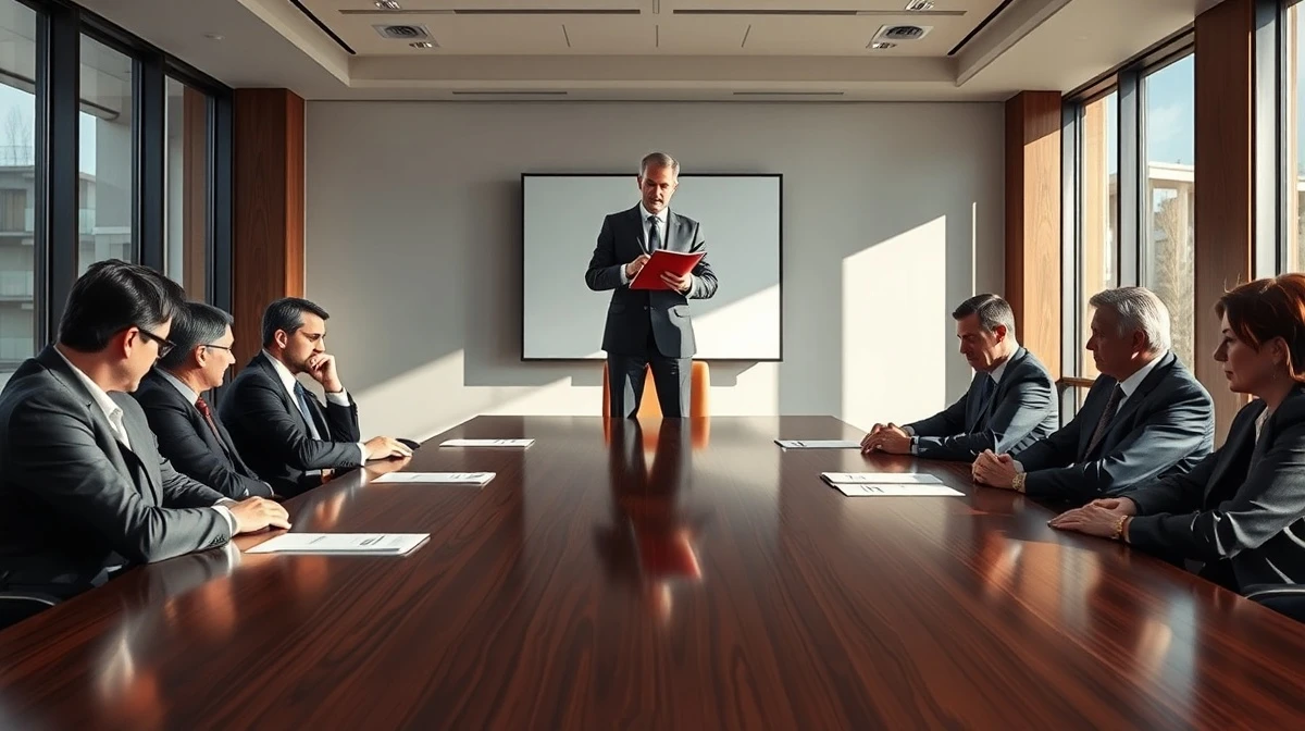 A tense boardroom meeting with a standing figure gesturing assertively at seated executives.