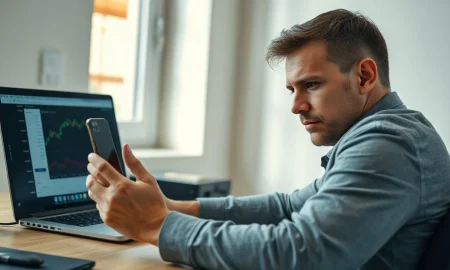 Person reviewing chatbot financial advice on a laptop and phone in a home office