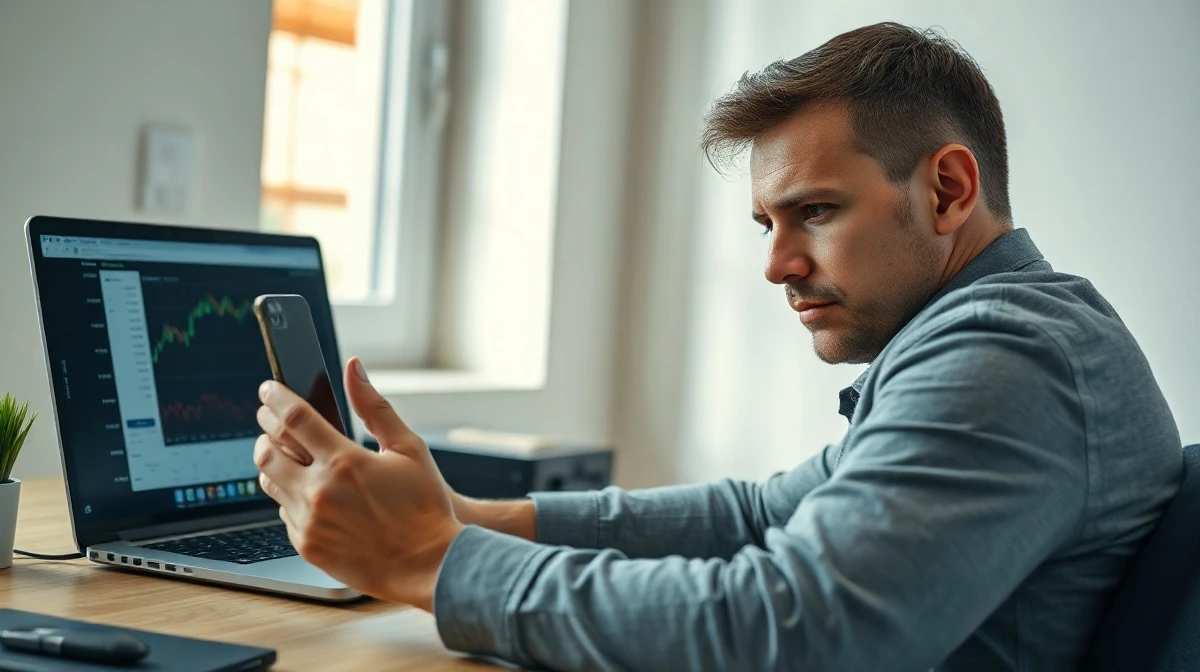 Person reviewing chatbot financial advice on a laptop and phone in a home office