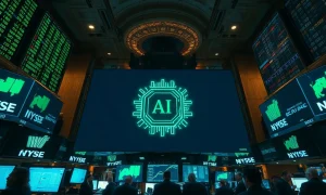 NYSE trading floor with screens showing stock data and AI-themed graphics